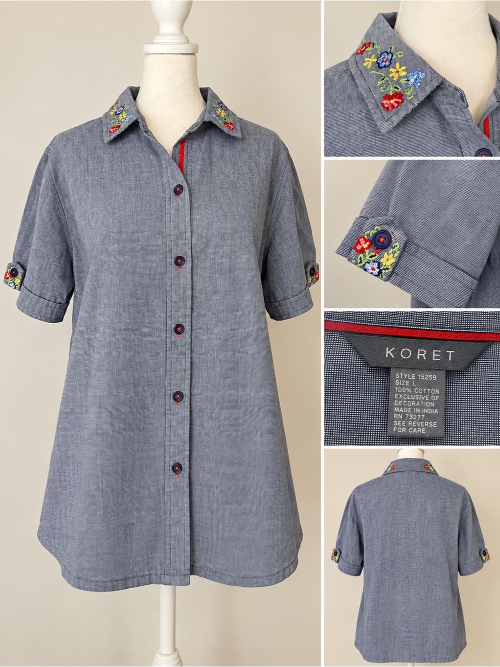 Koret Gray-Blue Embroidered Collar Button-Down Shirt 100% cotton